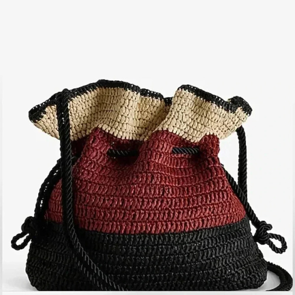 Express Black Tan Brown Woven Straw Drawstring Bag NWT - Picture 3 of 3
